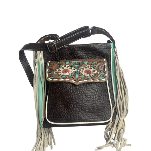ARIAT Women's‎ Monroe Floral Pierced Lacing Brown Crossbody Purse Bag NWT - Picture 1 of 16
